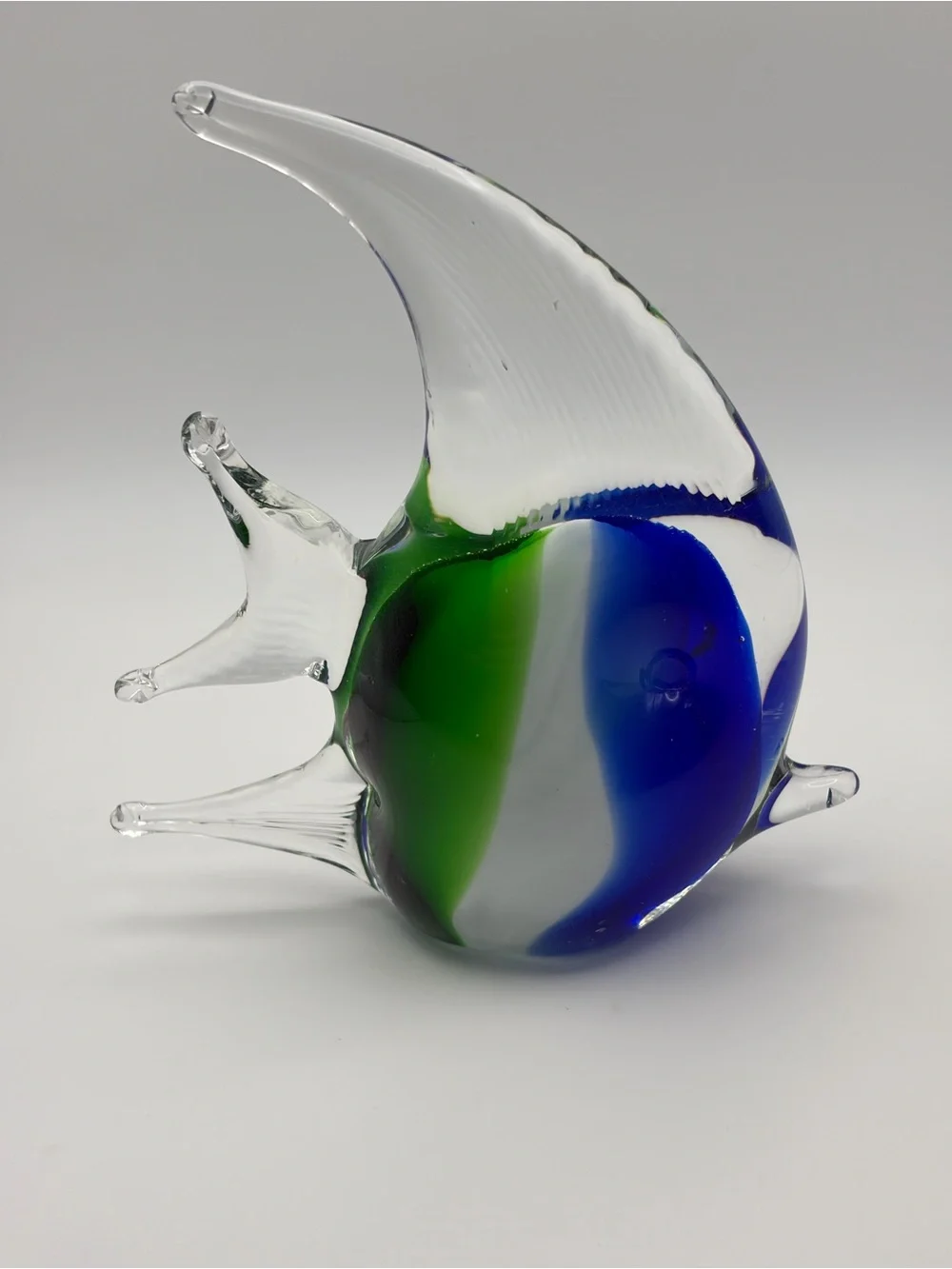 Pair Hand Blown Art Glass Angelfish Figurines Red Blue Green Clear Unsigned